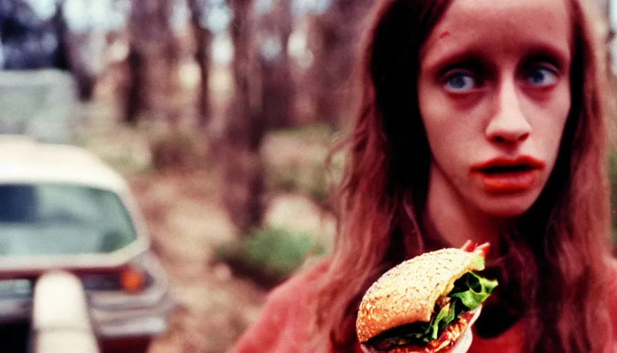 Prompt: 7 0 s film still from a horror movie starring a person with anorexia holding a burger, kodachrome, cinecolor, cinestill, photorealism, cinematic, film grain, film texture, vhs recording