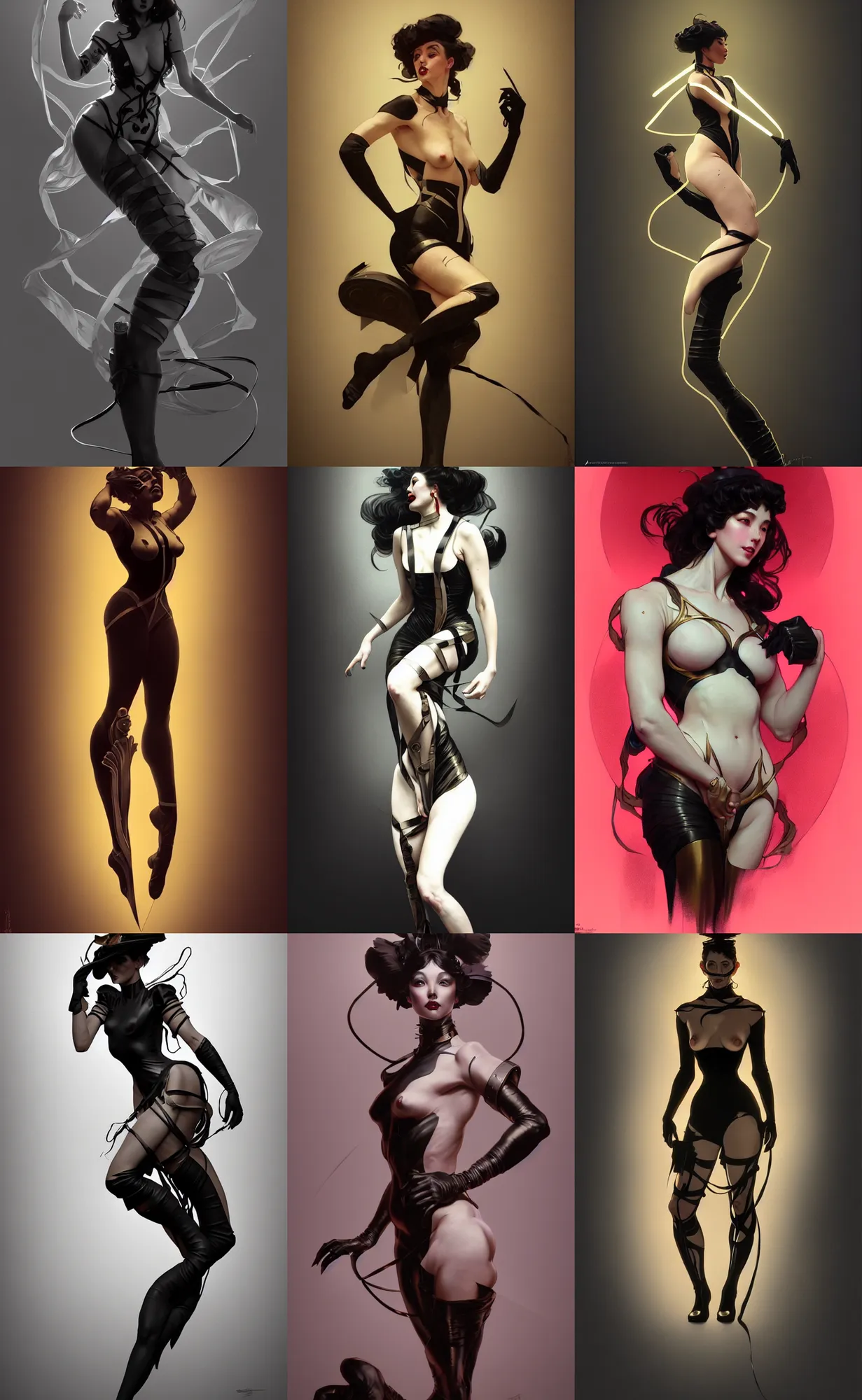 Prompt: digital concept art by artgerm, tooth wu, bierstadt, gurney, stalenhag and alphonse mucha. just one lonely black tape project attctive showgirl!! full body!! contour light effect!! 8 k, stage light. octane render. sharp edge. ultra clear detailed, sitting pose