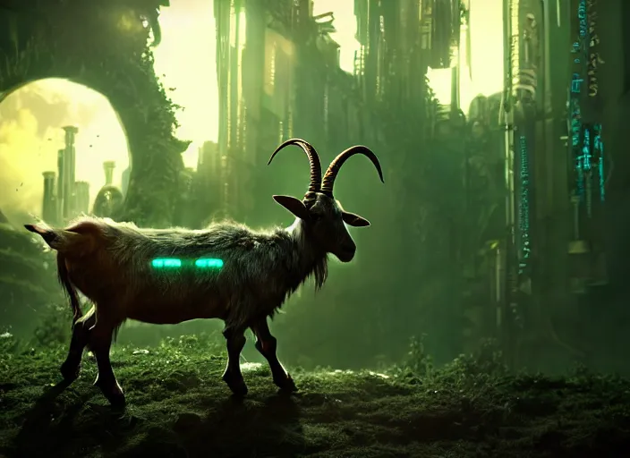 Image similar to intricate goat from overlord anime, on the background of a weird magical mechanical forest. Very detailed 8k. Fantasy cyberpunk horror. Sharp. Cinematic post-processing. Unreal engine. Nanite rendering. Ray tracing