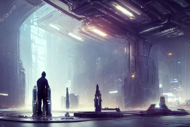 Prompt: sci fi cyberpunk fantasy art a man prays at the altar to the god of machines, by greg rutkowski ultrahd dark volumetric lighting hyper detailed unreal engine octane render