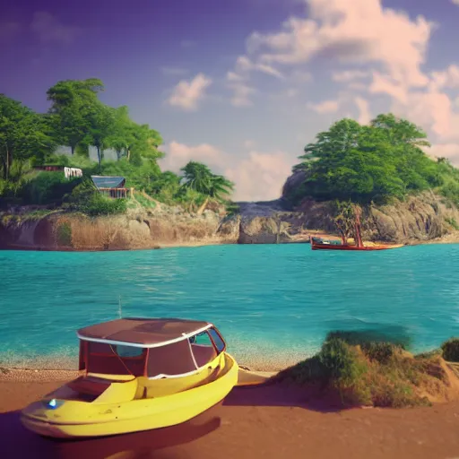 Prompt: utopian beach with small houses, women, naturist, boats, realistic, unreal engine, artstation, octane render.