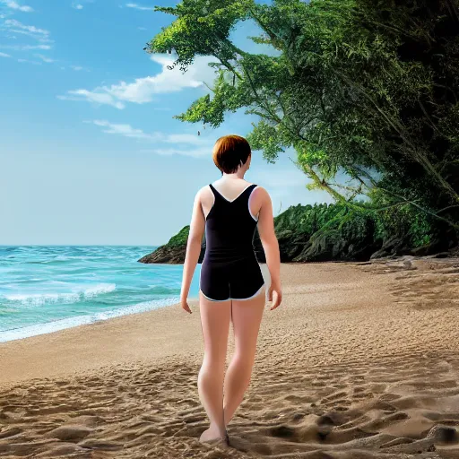 Image similar to rebecca chambers at the beach, 4 k, high detail, high - resolution photograph, professional photography, ultra - detail