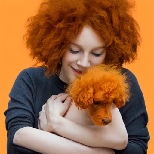 Prompt: an abstract painting of a beautiful pale woman with orange hair holding both a curly headed baby boy and also a brown poodle