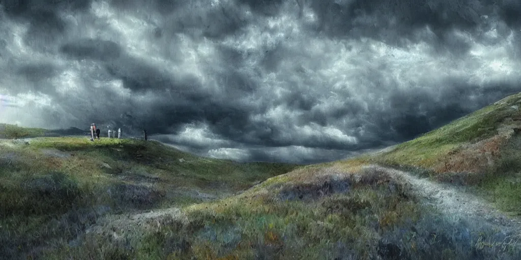 Image similar to school on the hill, walking on a mountain, surreal photography, blue and grey storm clouds, dramatic light, impressionist painting, digital painting, art station, simon starnhager