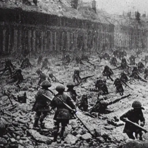 Prompt: true photo of soldiers sweeping the battlefield after Battle of Verdun druing the WWI