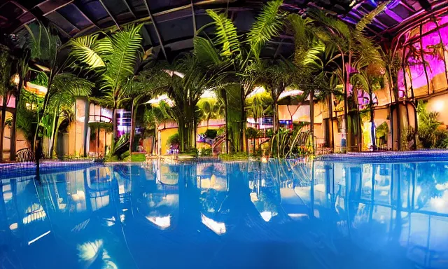 Image similar to indoor pool with ferns and palm trees at night, shops, pool tubes, chromatic abberation, dramatic lighting, dim lighting, horror lighting, depth of field, 80s photo, wideangle, fisheye