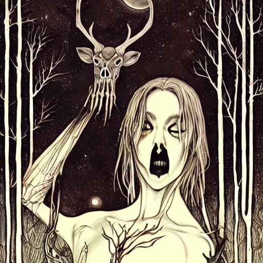 Image similar to an epic horrific wiccan gothic painting of a mother - nature witch cult woman wearing a deer skull, in a moonlit forest by gerald brom by junji ito by vanessa lemen by charlie bowater