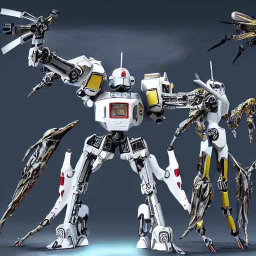 Image similar to long armed mecha with long multi segmented arms, armored exoskeleton hard surface armor, power armor, droid detailed sci - fi backgrounds. 8 k hd resolution, bandai box art, star trek, makoto kobayashi, pokemon cards