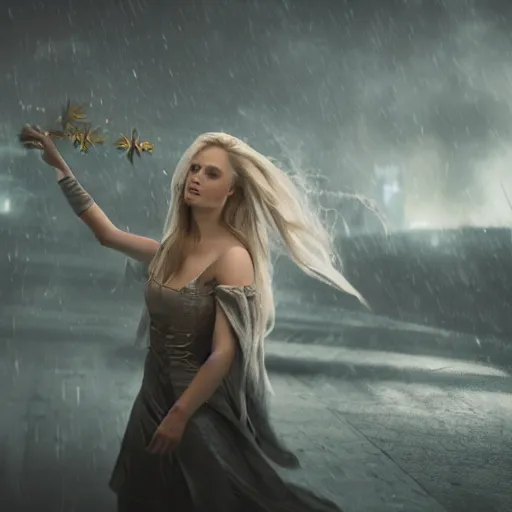 Image similar to beautiful blond hovering sorceress girl, casting a spell, in a destroyed city, moody lighting, 8 k, shallow depth of field, cinematic lighting,