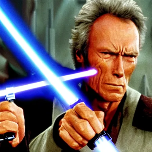 Image similar to clint eastwood holding lightsaber in star wars episode 3, 8k resolution, full HD, cinematic lighting, award winning, anatomically correct