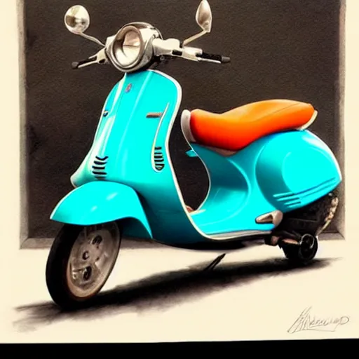 Image similar to a turquoise vespa moped, realistic, concept art, intricate details, detailed, photorealistic, pencil and watercolor, art by artgerm and greg rutkowski