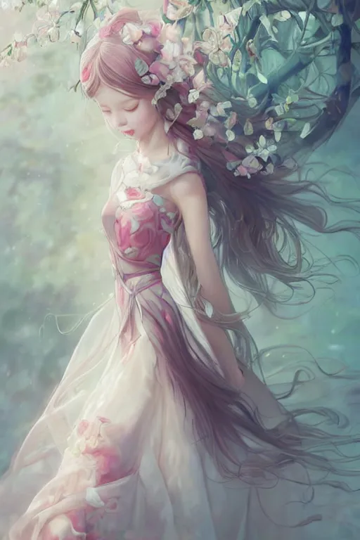 Image similar to romantic and fashion and love princess of the flower with sheath dress, 8 k realistic, teenager girl, baroque, symmetrical, flowing hair, smile, trending pinterest and pixiv, muted colors, hyperrealistic, l close up shot, character concept art, face by kyoung hwan kim, alexandra fomina, ilya kuvshinov