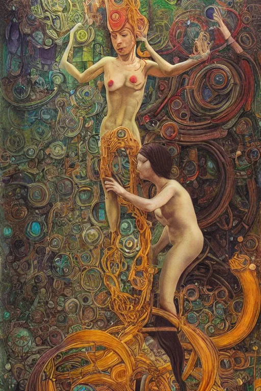 Image similar to realistic portrait of an engineer woman fixing the samsara holy cluster, fine portrait, concept art, stunning, visionary, in the style of ttrpg book illustrations, in the style of brecht evens, in the style of jean delville