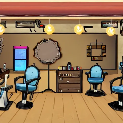 Prompt: A barbershop in the video game Disco Elysium