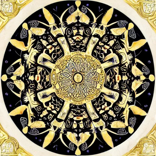 Image similar to a beautiful mandala made of ivory and gold, highly intricate, digital art, very detailed, in the style of a weird and dark eerie liminal art nouveau flemish painting, 8k,