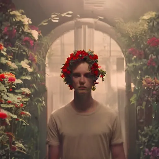 Prompt: movie still of a youth with a cyborg plants flowers helmet, cinematic composition, cinematic light, by edgar wright and david lynch