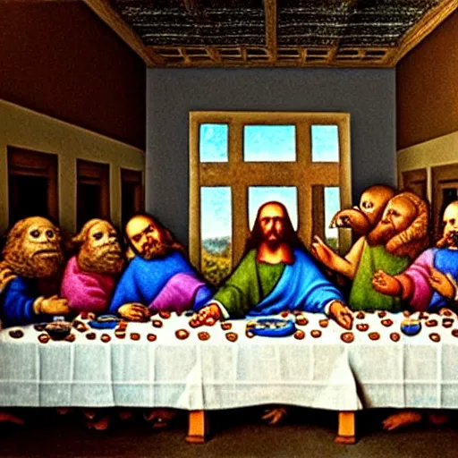 Image similar to high quality ,the last supper but with charaters from the Muppets ,in leonardo da vinci style