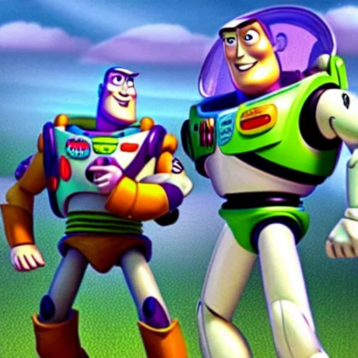 Prompt: buzz lightyear fighting woody