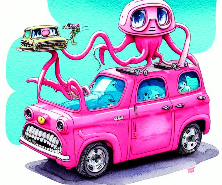 Image similar to cute and funny, pink colored squid wearing goggles riding in a tiny hot rod with oversized engine, ratfink style by ed roth, centered award winning watercolor pen illustration, isometric illustration by chihiro iwasaki, edited by range murata, tiny details by artgerm and watercolor girl, symmetrically isometrically centered