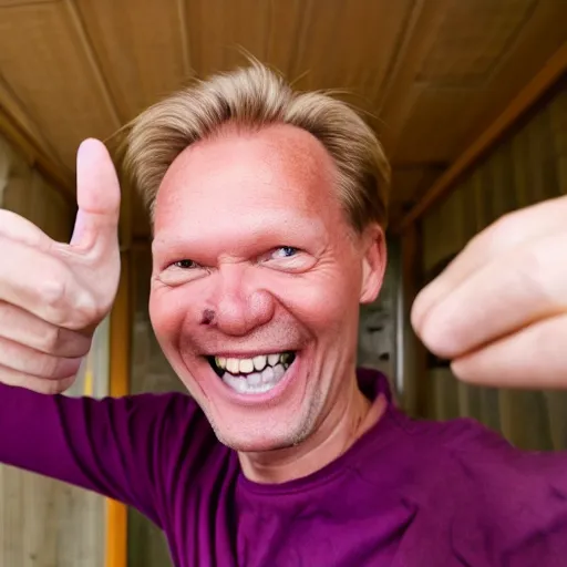 Prompt: erling haaland laughing and pointing towards the camera, fisheye, wide angle lense,