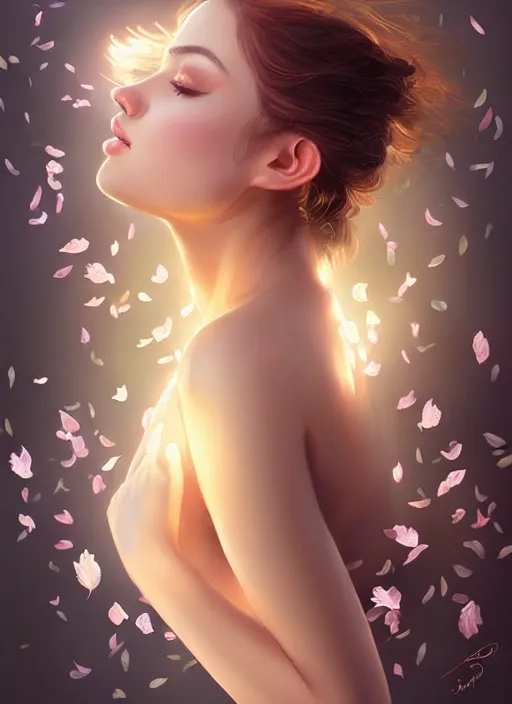 Prompt: gorgeous female full body sensual covered in translucent leaf and petals in the style of stefan kostic, cute - fine - face, dasha taran, backlit, refracted lighting, elegant, half body shot, 8 k, insanely detailed, intricate, art by stanley lau, artgerm, wlop, kuvshinov ilya,