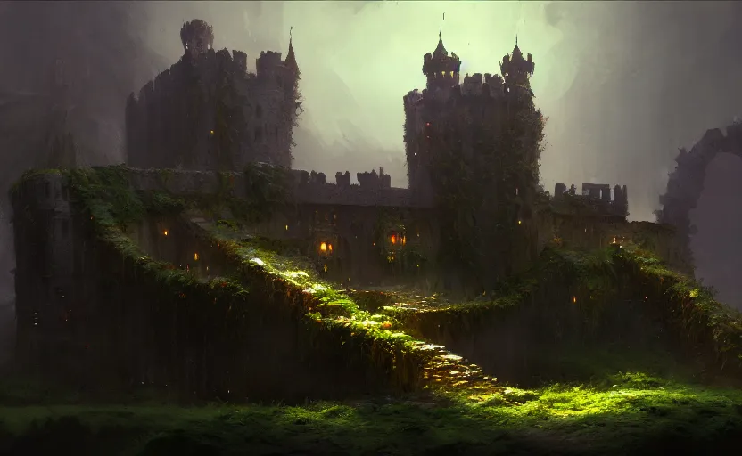 Prompt: an old castle covered by plants with moody and cinematic lighting by greg ruthkowski and craig mullins, cinematic and atmospheric, concept art, artstation, trending on artstation