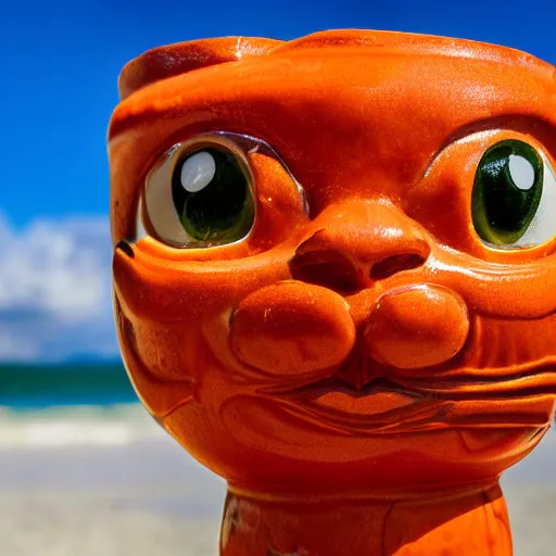 Image similar to a closeup photorealistic photograph of a glossy orange cat garfield style tiki mug sitting at a trader vic's beach bar featuring garfield's face. tiki theme. bright scene. fine detail. this 4 k hd image is trending on artstation, featured on behance, well - rendered, extra crisp, features intricate detail, epic composition and the style of unreal engine.