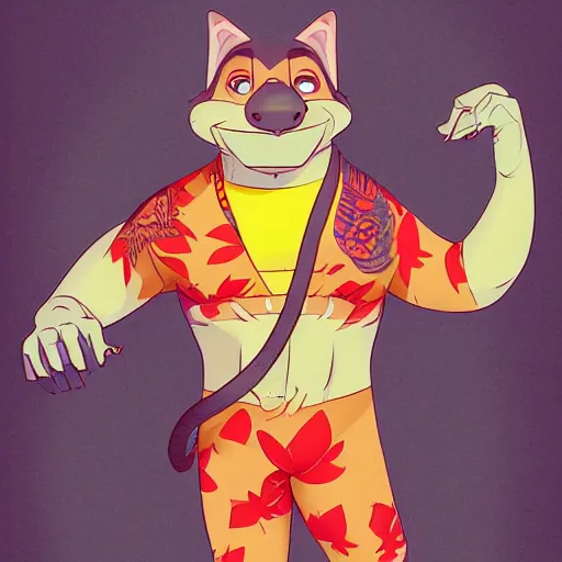 Image similar to in the style of artgerm, loish, anthropomorphic alligator, red scales on his back, yellow scale on his belly and chest, male, waring a hawaiian shirt, in the style of zootopia