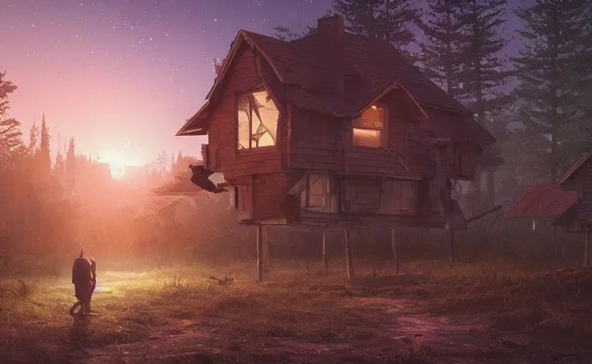 Image similar to two lovers leave each other inside wooden broken house by simon stålenhag, rendered by Beeple, by Makoto Shinkai, syd meade, starwars, space art concept, digital art, unreal engine, WLOP, trending on artstation, 4K UHD image, octane render,