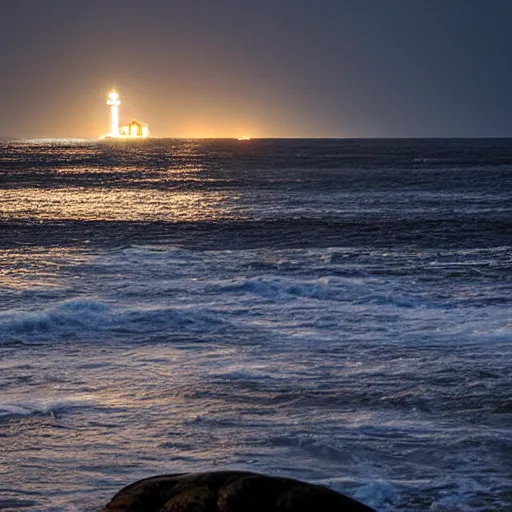 Image similar to stormy ocean at night, lighthouse in the background concealed by fog