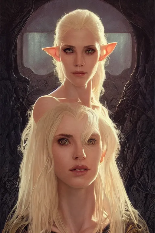 Image similar to portrait of an old blonde elven mage, dark, piercing eyes, gentle expression, elegant clothing, photorealistic, highly detailed, artstation, smooth, sharp focus, art by michael whelan, artgerm, greg rutkowski and alphonse mucha