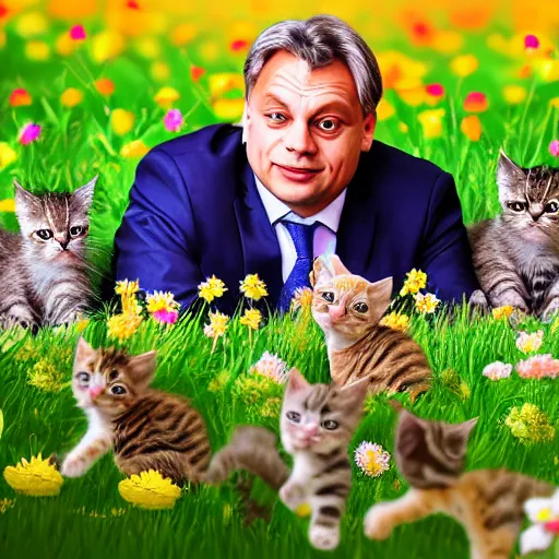 Image similar to hungarian prime minister orban viktor laying on a field of flowers, surrounded by cute kittens, highly detailed illustration, hyper realistic, 4 k