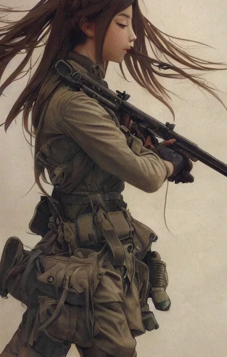 Prompt: infantry girl, anime style, symmetrical facial features long hair, hair down, under heavy fire, explosions, wallpaper, hyper realistic, pale skin, rule of thirds, extreme detail, 4 k, detailed drawing, trending artstation, realistic lighting, trading card, by alphonse mucha, greg rutkowski, sharp focus, backlit, fast helmet