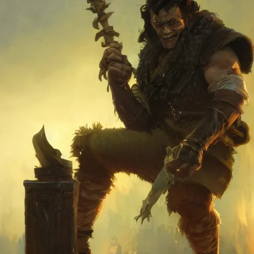 Image similar to a friendly half - orc tailor, fantasy character portrait by greg rutkowski, gaston bussiere, craig mullins