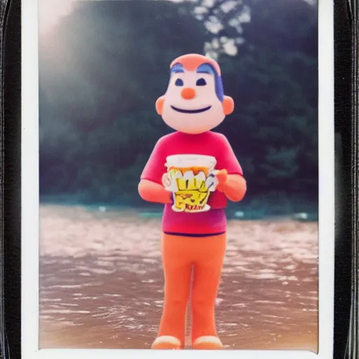 Prompt: A polaroid photo of a cereal mascot standing in a shallow river, dreamy lighting, hi-res photo
