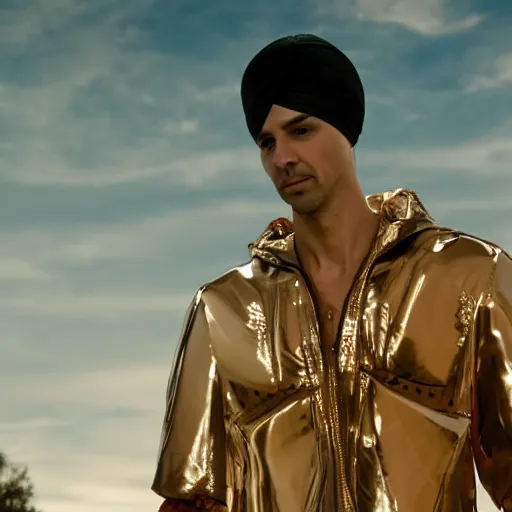 Image similar to a slim athletic beautiful male wearing a iris van herpen outfit in a cinematic still with the sky as background, tarsem singh art movie