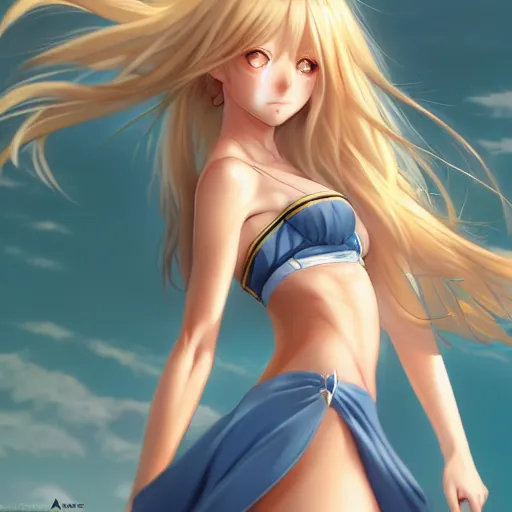 Image similar to a very beautiful young anime giantess, from below perspective,, full body, long wavy blond hair, sky blue eyes, full round face, evil grin, bikini, miniskirt, front view, mid - shot, highly detailed, cinematic wallpaper by stanley artgerm lau