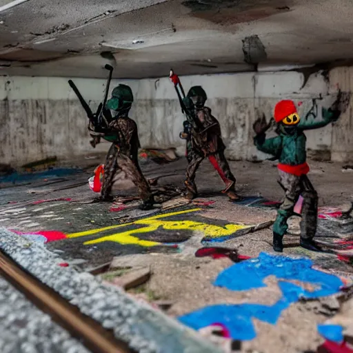 Image similar to toy soldiers fighting in an abandoned graffiti subway