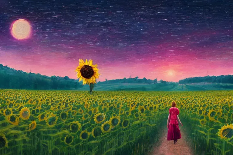 Image similar to giant sunflower as a head, girl walking in wheat field, hills, surreal photography, dark night, star trails, dramatic light, impressionist painting, clouds, digital painting, artstation, simon stalenhag