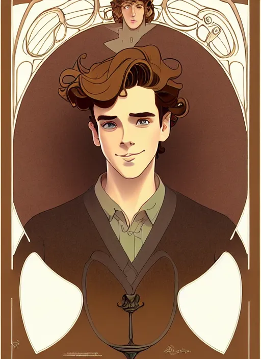 Prompt: art nouveau portrait of a handsome young man with curly medium length light brown hair, brown eyes, aloof, t - shirt, natural lighting, path traced, highly detailed, high quality, cartoon, digital painting, by don bluth and ross tran and studio ghibli and alphonse mucha