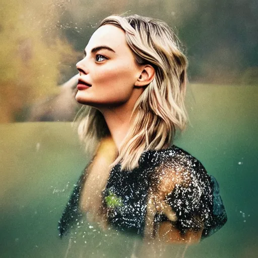 Image similar to double exposure photography of margot robbie and nature