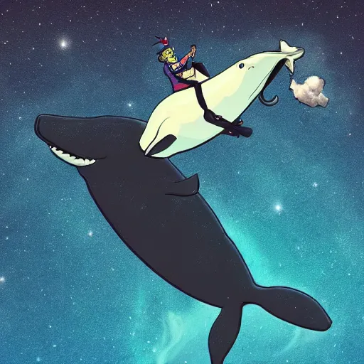 Prompt: Bojack Horseman riding a whale in space, beautiful digital art, trending on artstation, Bojack Horseman