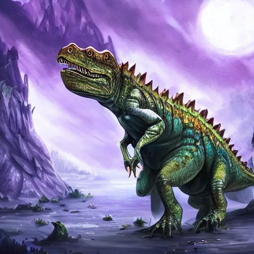 Prompt: violet crocodile dinosaur hybrid, fantasy game art, fantasy rpg, league of legends