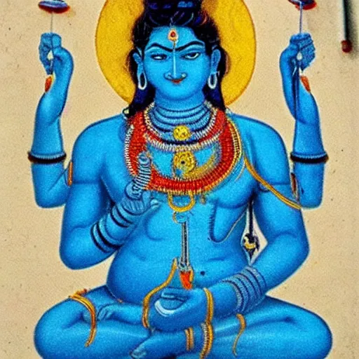 Image similar to blue bodied lord shiva as a doctor, operating on a human body, attaching an elephant head, complicated surgery