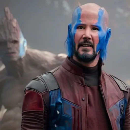 Prompt: film still of Keanu Reeves as Yondu in Guardians of the Galaxy