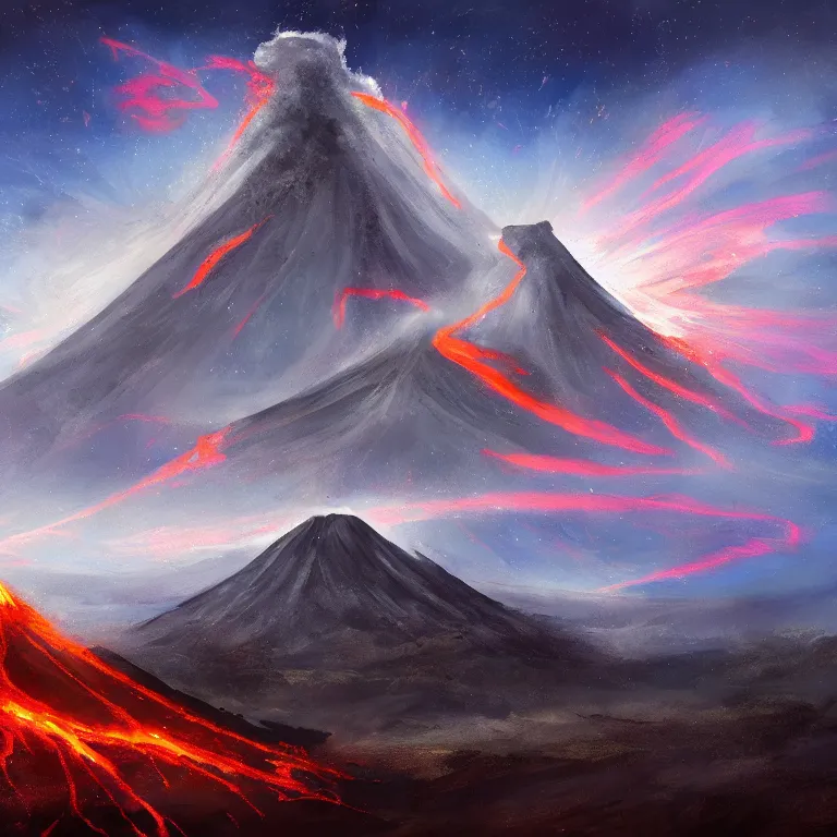 Image similar to a painting of a volcano from which come out flowers and stars exotic plants, all this happens in some kind of fantasy world, almost like in the sky or all in the amazing outdoors view, long exposure, 8 k resolution, trending on artstation