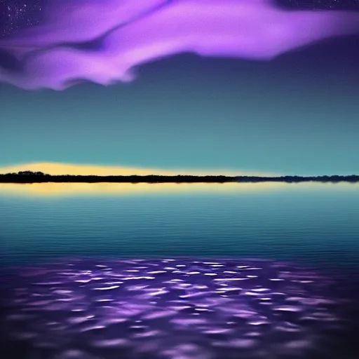 Prompt: Purple mist over a lake at night. Award-winning digital art, trending on ArtStation