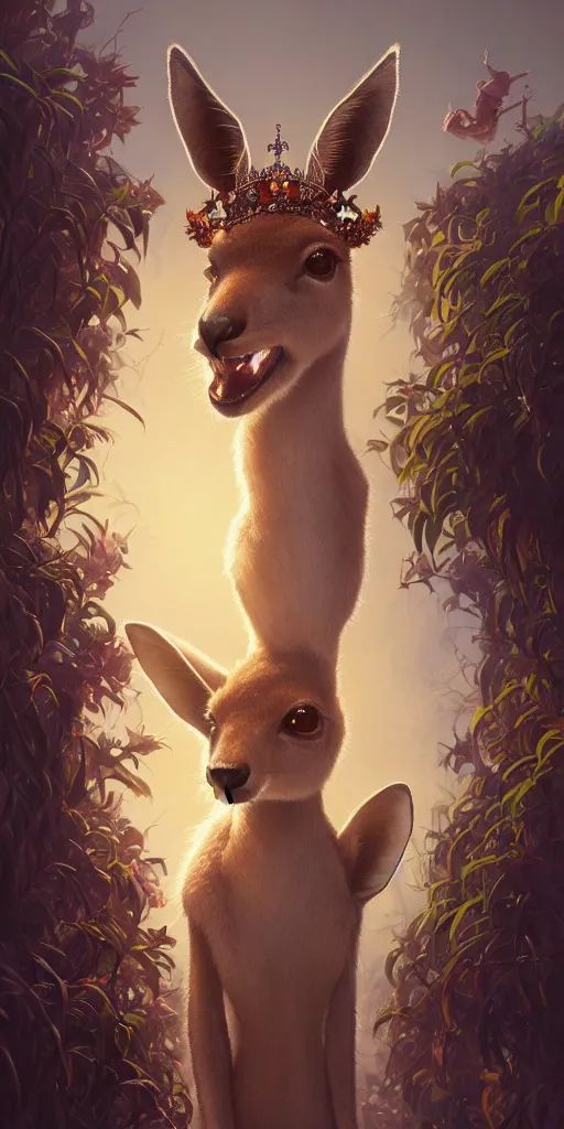 Prompt: Highly detailed portrait of a Kangaroo wearing a Crown, Stephen Bliss, unreal engine, fantasy art by Greg Rutkowski, Loish, Rhads, ferdinand knab, Makoto Shinkai and Lois van baarle, ilya kuvshinov, rossdraws, Tom Bagshaw, alphonse mucha, global illumination, radiant light, detailed and intricate environment