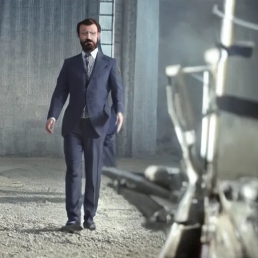 Image similar to kurdish capitalist wearing a suit, dressed smart, in a movie directed by christopher nolan, movie still frame, promotional image, imax 7 0 mm footage