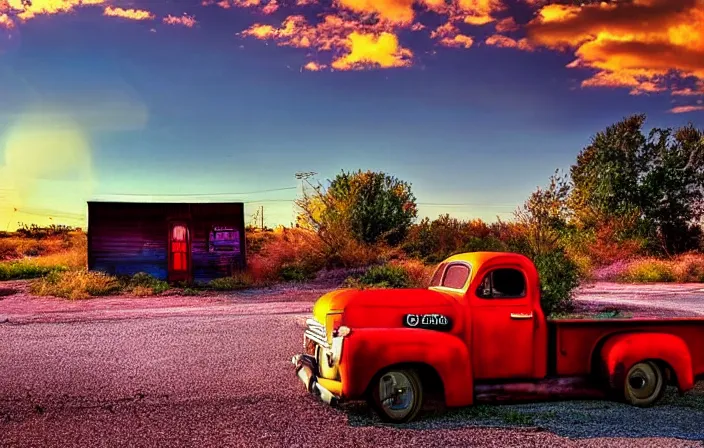 Image similar to A beautiful colorful evening scene of route66, old road with abandoned gas station and rusty old pickup truck, hyper realistic, blinding backlight evening sun, sparkling sun rays, epic scene, intense setting, evening vibe